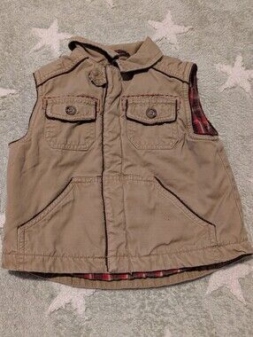 Vintage Kids Tan Hooded Utility Vest with Red Plaid Lining